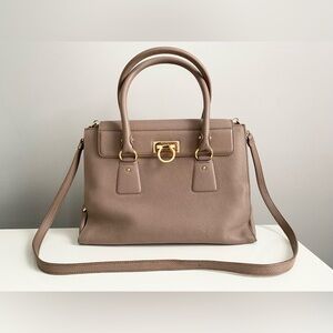 Salvatore Ferragamo Lotty Tan Brown Gold Leather Medium Satchel Tote Handbag Bag